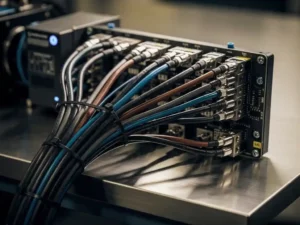 Kleurgecodeerde kabelboombundels vertakken zich vanuit een industriële controleboard op een stalen werkbank in een hightech assemblagehalle.