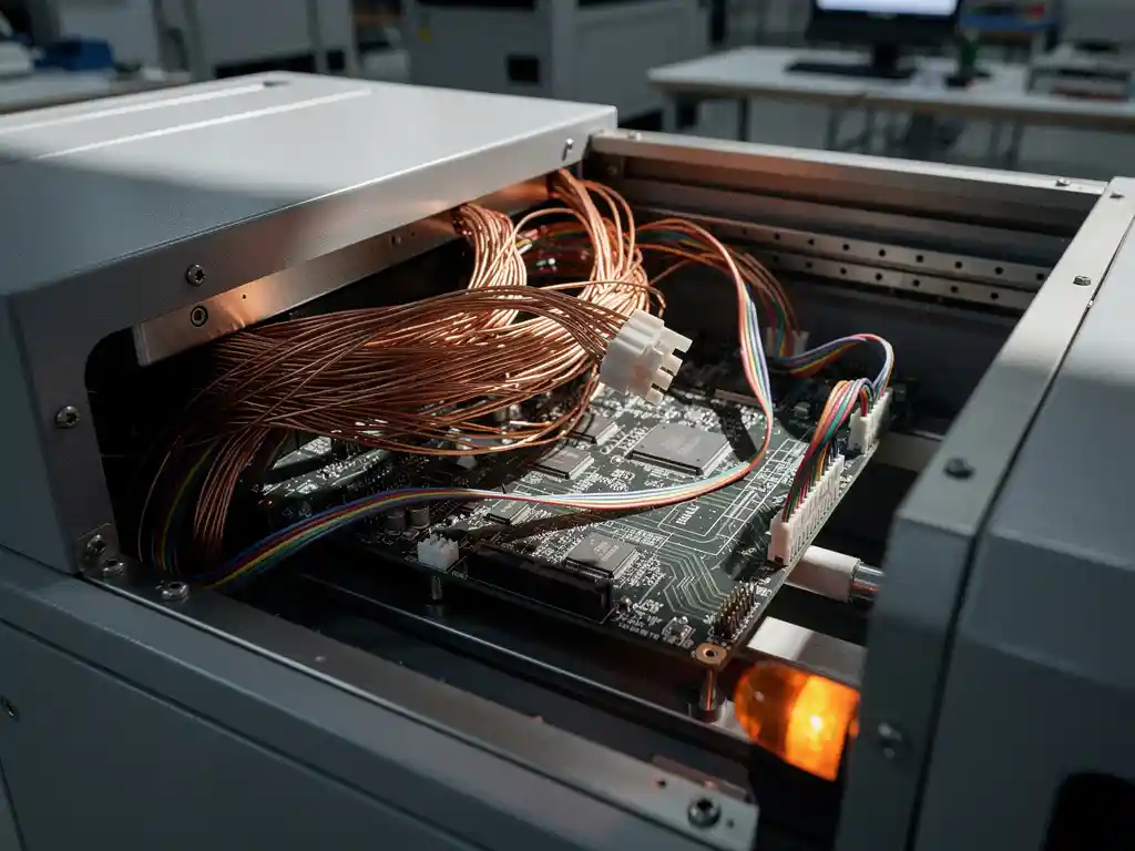 Loshangende koperen bedrading en lintkabels bij een open printplaat in een precisie machinepaneel, met zichtbaar verkeerde connector.