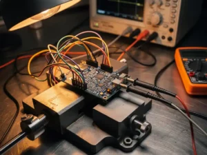 Kleurrijke bedrading aangesloten op embedded printplaat in bankschroef, omringd door oscilloscoopprobes en multimeter op stalen werkbank.