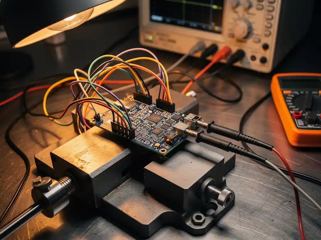 Kleurrijke bedrading aangesloten op embedded printplaat in bankschroef, omringd door oscilloscoopprobes en multimeter op stalen werkbank.