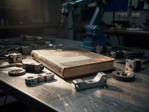 Verouderd C++-leerboek half begraven onder roboticacomponenten en precisieonderdelen op een stalen werkbank, robotarm zichtbaar op de achtergrond.