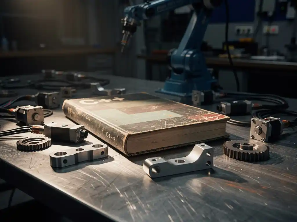 Verouderd C++-leerboek half begraven onder roboticacomponenten en precisieonderdelen op een stalen werkbank, robotarm zichtbaar op de achtergrond.