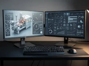 Dual-monitor engineeringwerkstation met industrieel machinebesturingsinterface, mechanisch toetsenbord en precisiesouris op donker mat bureau.