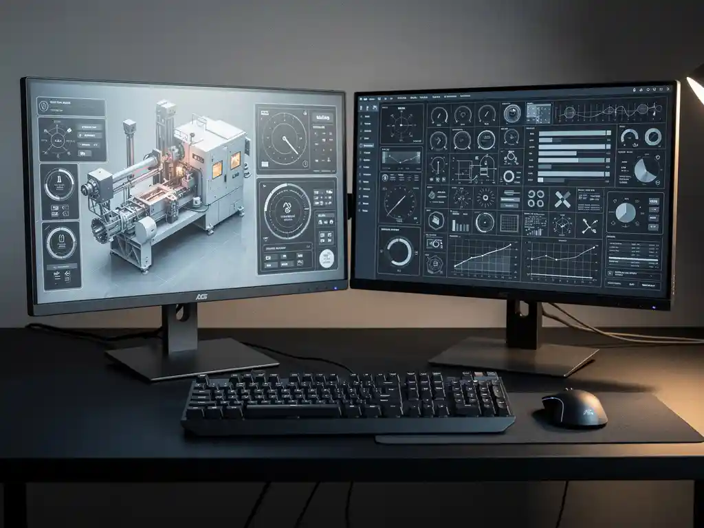 Dual-monitor engineeringwerkstation met industrieel machinebesturingsinterface, mechanisch toetsenbord en precisiesouris op donker mat bureau.