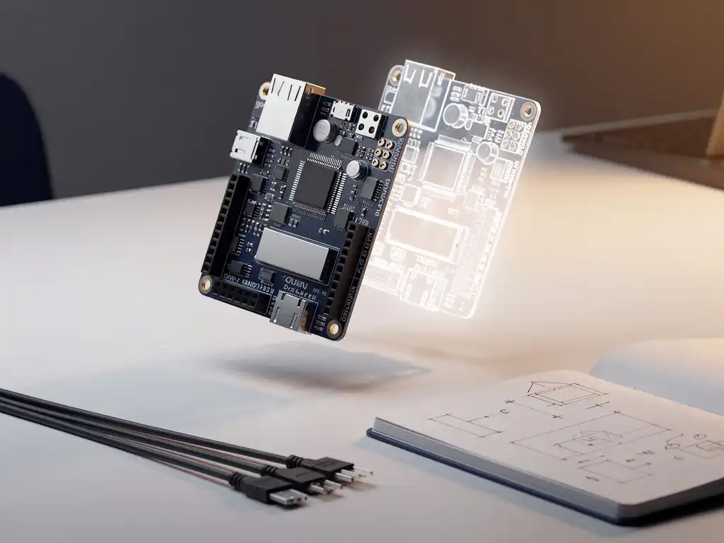 Embedded ontwikkelbord zweeft boven wit bureau naast een transparante simulatiekopie, met technisch notitieboek en kabeldetails.