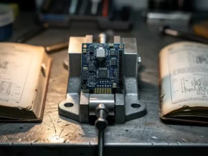Embedded printplaat in bankschroef op stalen werkbank, verlicht door werklamp naast opengeslagen technische handleidingen.