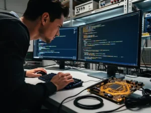Software-engineer bestudeert embedded C++-code op twee monitoren, met oscilloscoop en printplaat op het bureau in een industrieel lab.