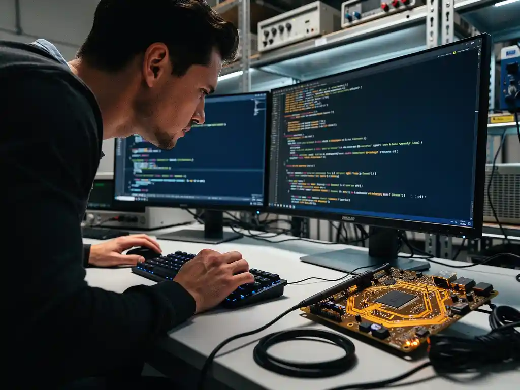 Software-engineer bestudeert embedded C++-code op twee monitoren, met oscilloscoop en printplaat op het bureau in een industrieel lab.