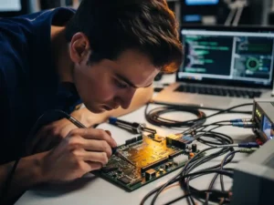 Software engineer buigt over complexe embedded printplaat op werkbank, soldeerbout en laptopscherm met code op de achtergrond.
