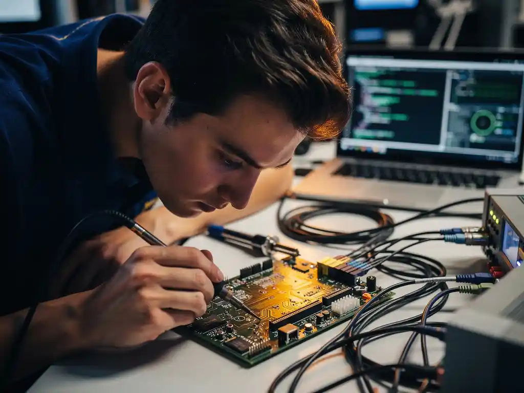 Software engineer buigt over complexe embedded printplaat op werkbank, soldeerbout en laptopscherm met code op de achtergrond.