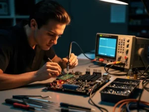 Embedded engineer inspecteert een complexe printplaat met microcontroller op een industriële werkbank, soldeerbout en oscilloscoop op de achtergrond.