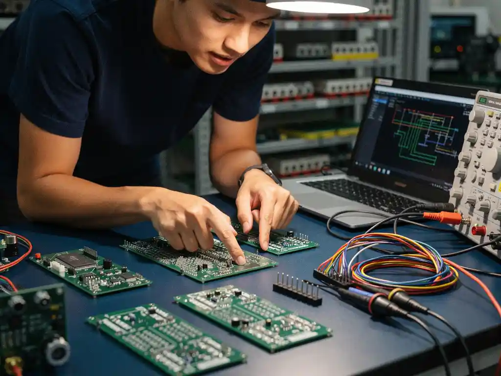 Twee engineers buigen over een werkbank met PCB-prototypes, oscilloscoop en laptop met bedradingsschema's in een industrieel lab.