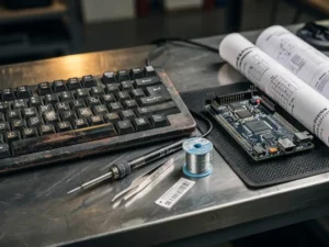 Versleuteld mechanisch toetsenbord met C++, C en Python-symbolen naast een microcontroller-printplaat en soldeergereedschap op een stalen werkbank.