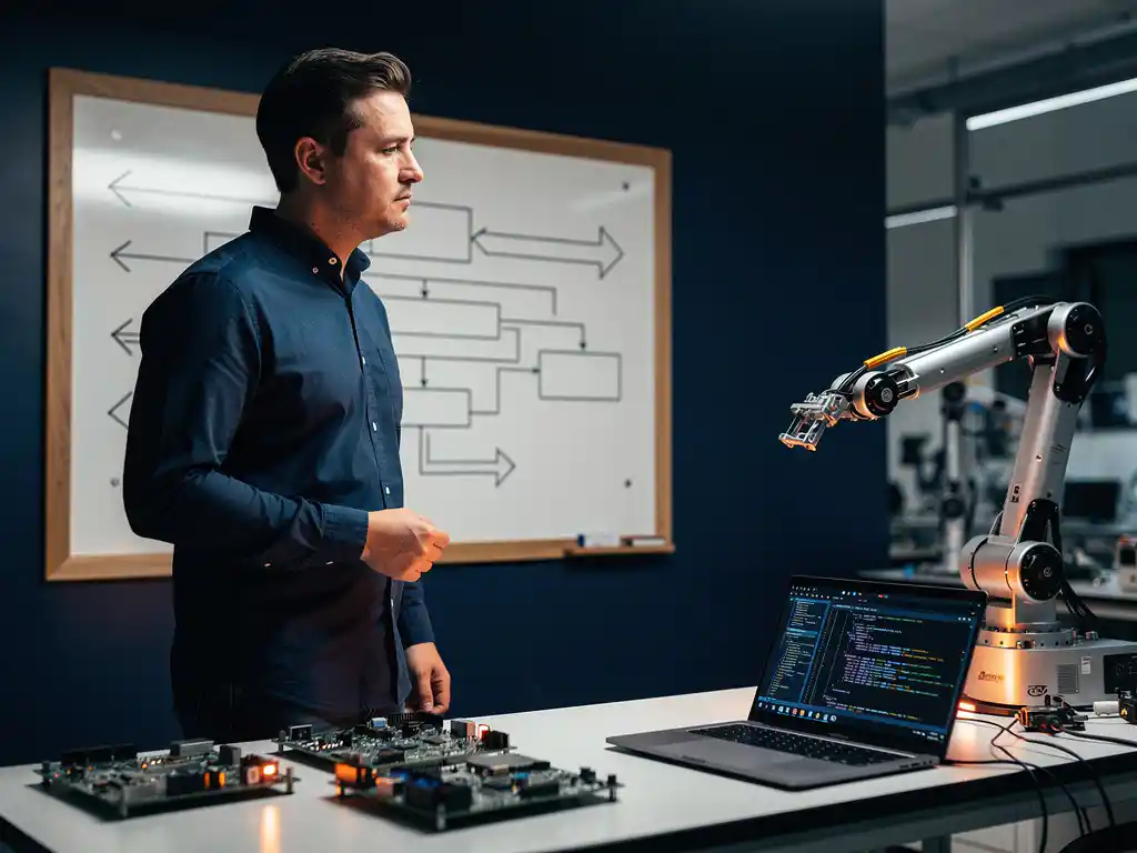 Embedded software engineer bestudeert een gelaagd carrière-stappenplan op een whiteboard, omringd door printplaten en een laptop met code.