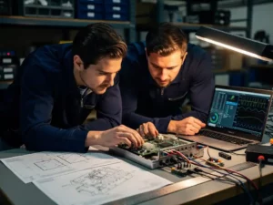 Embedded software engineer en hardware engineer onderzoeken samen een printplaat verbonden met een laptop met golfvormdata, CAD-tekeningen op de werkbank.