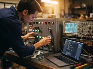 Embedded software engineer debugt industrieel bedieningspaneel met laptop met C++-code, oscilloscoop en lintkabels op werkbank.