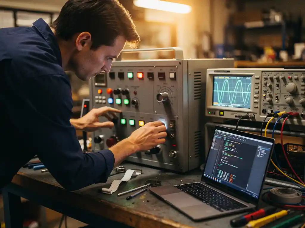 Embedded software engineer debugt industrieel bedieningspaneel met laptop met C++-code, oscilloscoop en lintkabels op werkbank.