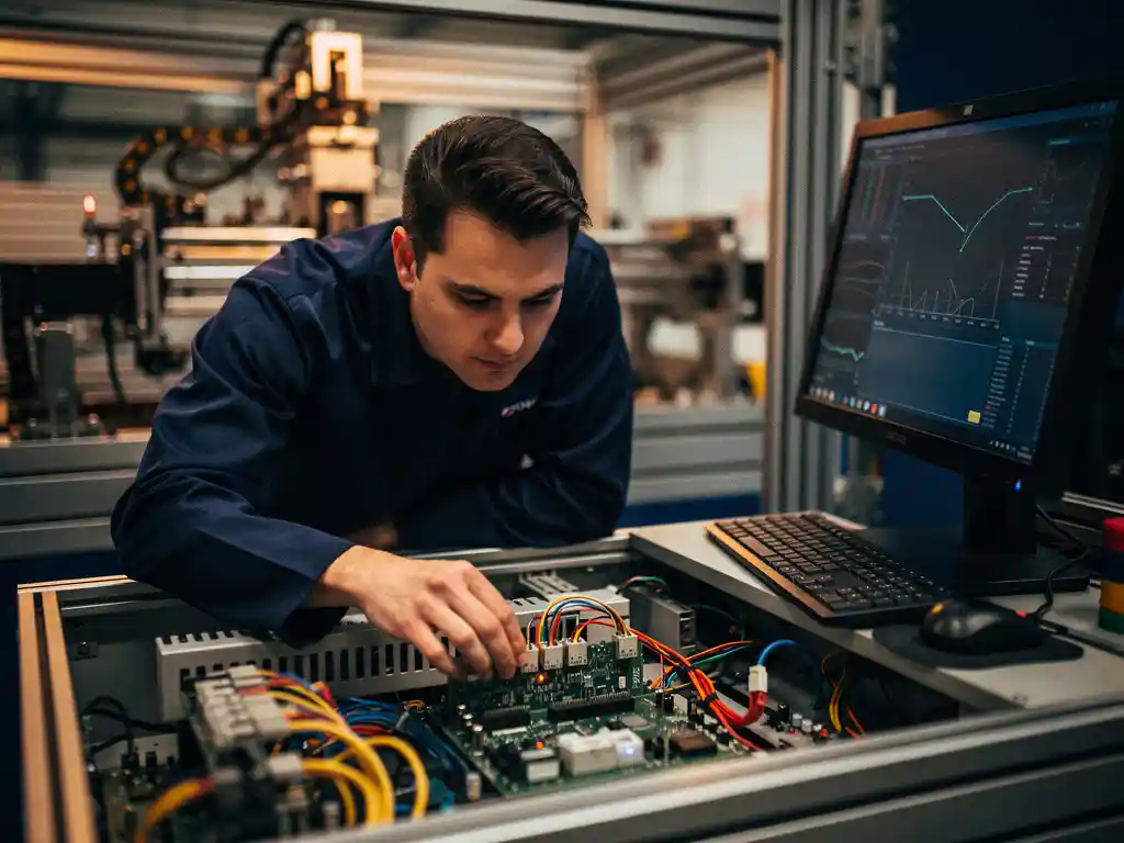 Embedded software engineer onderzoekt printplaat op industrieel bedieningspaneel, sensordata zichtbaar op monitor op de achtergrond.