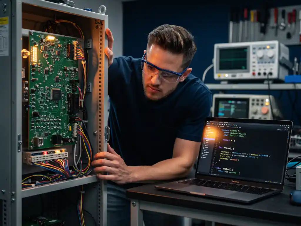 Embedded software engineer onderzoekt complexe PCB in industrieel machinepaneel, C++-code zichtbaar op laptopscherm in hightech lab.