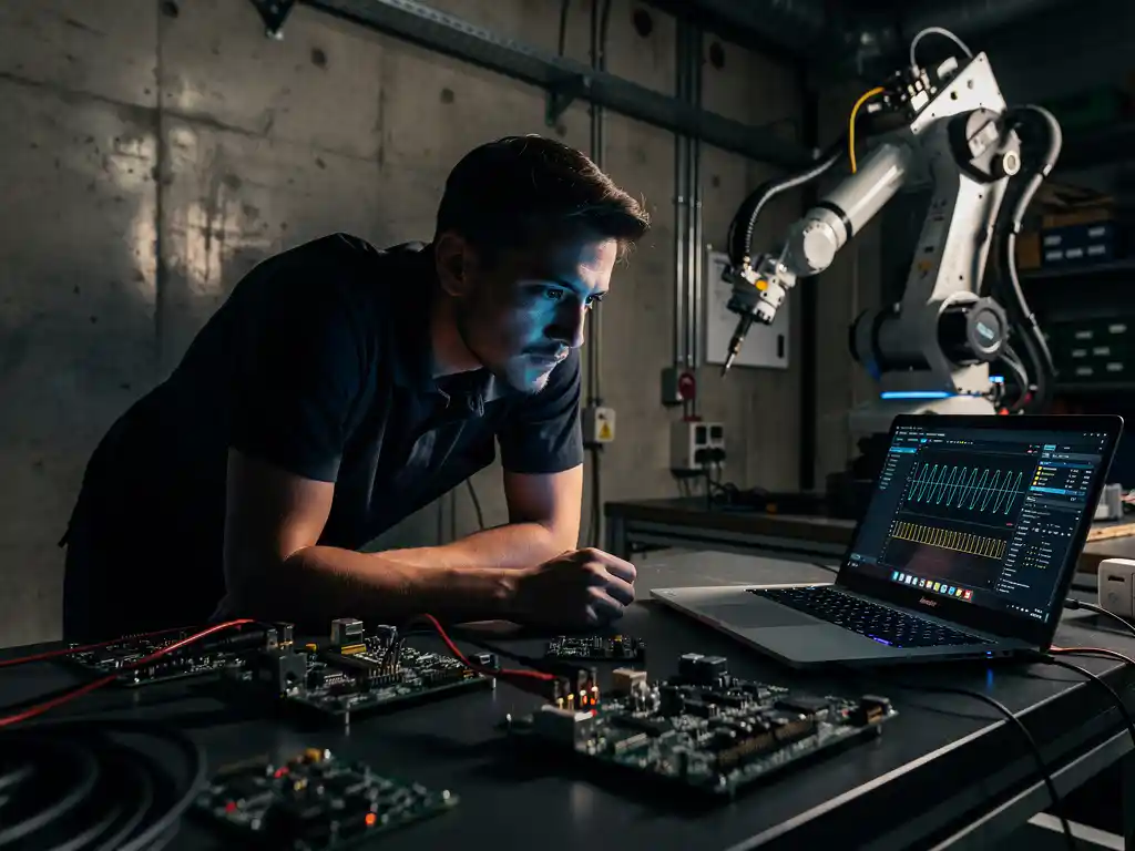 Embedded software engineer buigt over werkbank met PCB-printplaten, oscilloscoop en laptop met signaalgolven, robotarm op achtergrond.