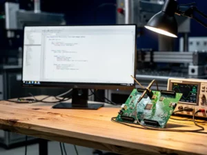Embedded software engineer werkstation met C++-code op monitor, custom PCB-printplaat en oscilloscoopprobe op bureau in industriële omgeving.
