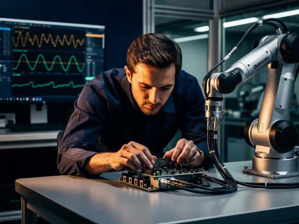 Embedded software engineer werkt aan een circuitboard verbonden met een robotarm, oscilloscoop op achtergrondmonitor, modern industrieel laboratorium.