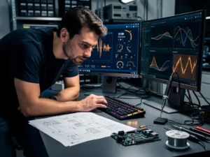 Embedded software engineer leaning over werkstation met technische schema's, dual monitors met besturingsinterface en soldeergerei naast een printplaat.