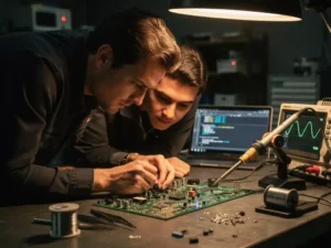 Embedded software engineer en hardware engineer buigen samen over een PCB-printplaat aan een werkbank, oscilloscoop en soldeergereedschap nabij.