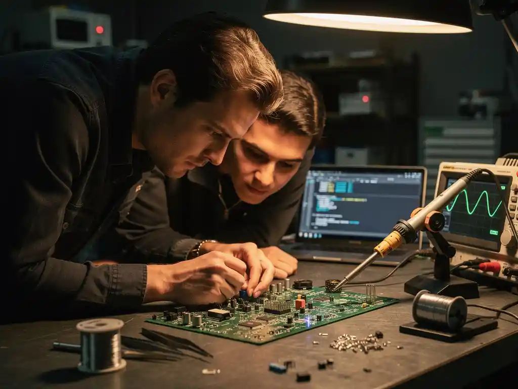 Embedded software engineer en hardware engineer buigen samen over een PCB-printplaat aan een werkbank, oscilloscoop en soldeergereedschap nabij.