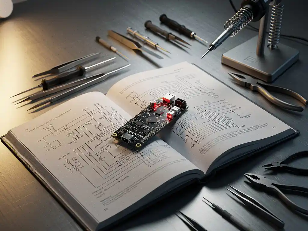Open technische map met handgeschreven schakelschema's en een microcontrollerboard op een stalen werkbank, omringd door precisiegereedschap.