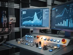 Industrieel controlepaneel met verlichte monitoren en realtime datastromen in een hightech machinekamer met blauwe en amberkleurige verlichting.