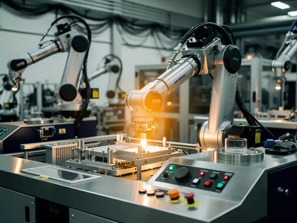 Industriële robotarmen in hightech fabriek, één arm verlicht met amberkleurig licht, stalen grijze en marineblauw tonen.