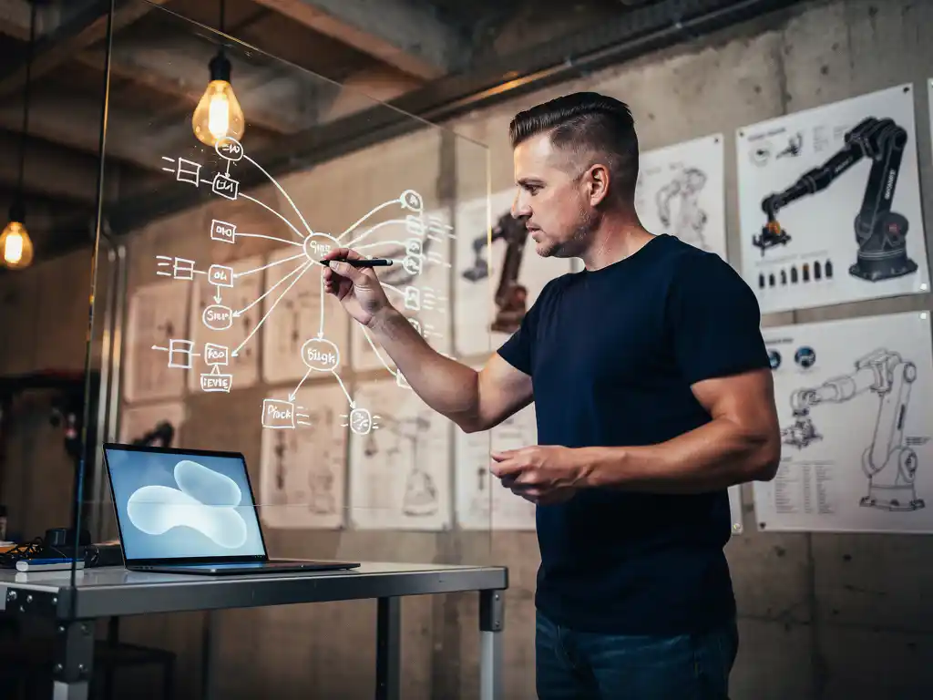 Software-engineer bestudeert een beslisboom op glazen whiteboard, omgeven door technische schema's en robotarm-diagrammen in industriële werkruimte.