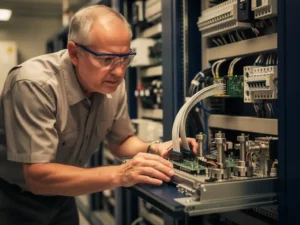 Senior ingenieur inspecteert embedded bedieningspaneel met printplaten, kabels en mechanische actuatoren in hightech machineruimte.
