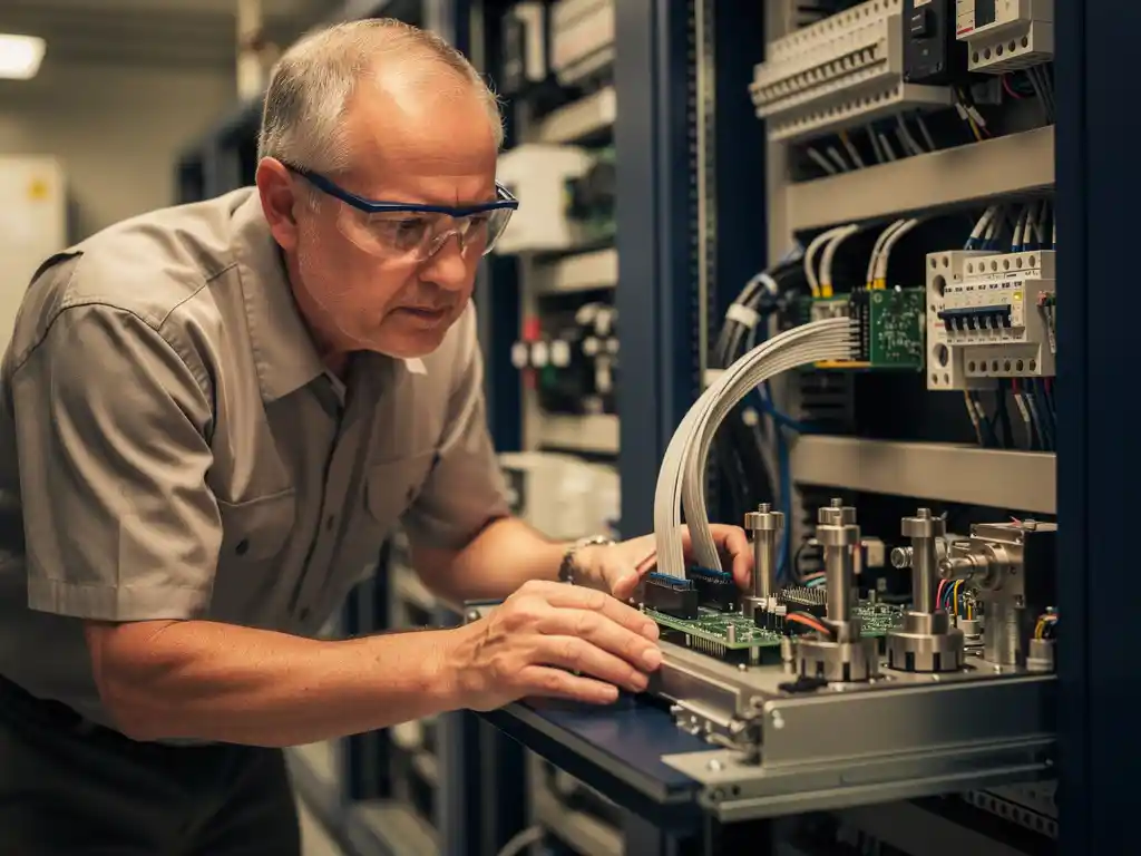 Senior ingenieur inspecteert embedded bedieningspaneel met printplaten, kabels en mechanische actuatoren in hightech machineruimte.