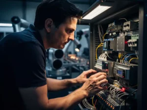 Software-engineer onderzoekt bedrading en circuitinterfaces van industrieel bedieningspaneel in hightech productiefaciliteit.