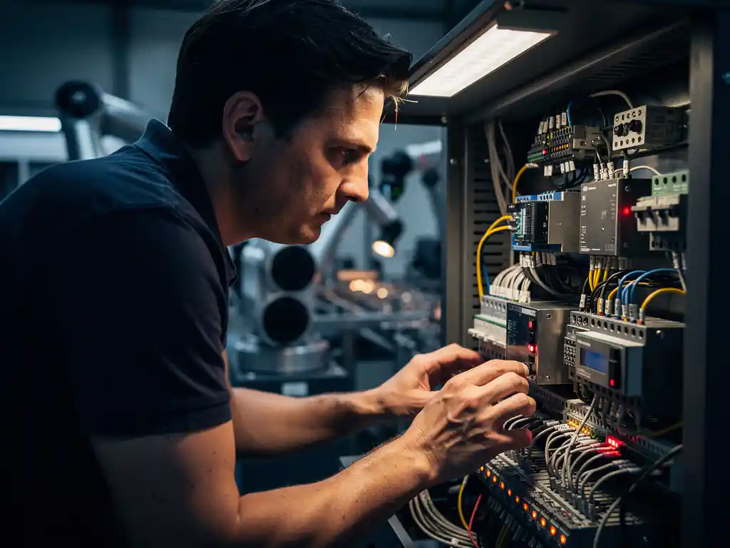 Software-engineer onderzoekt bedrading en circuitinterfaces van industrieel bedieningspaneel in hightech productiefaciliteit.