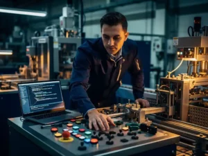 Software-engineer bij industrieel bedieningspaneel met open laptop met code, precisie-apparatuur op hightech productievloer op achtergrond.