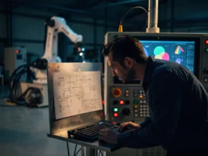 Software engineer bestudeert schema's naast diagnostiekmonitor bij industrieel bedieningspaneel, robotarm op achtergrond.