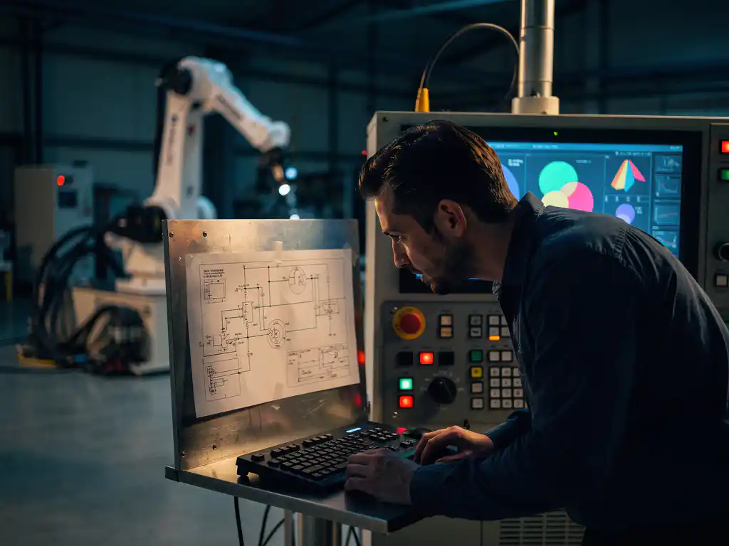 Software engineer bestudeert schema's naast diagnostiekmonitor bij industrieel bedieningspaneel, robotarm op achtergrond.