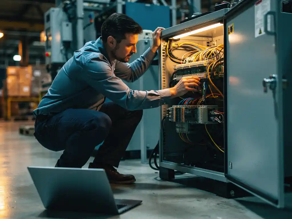 Software engineer naast open industrieel machinepaneel, kabels en connectoren inspecterend, laptop op fabrieksvloer, amberkleurig werklicht.