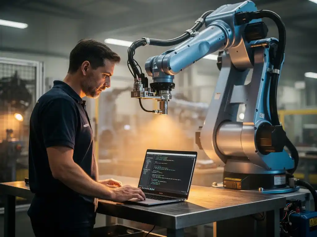 Software engineer bestudeert industriële robotarm op fabrieksvloer, laptop met motion control code op stalen werkbank.