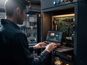 Software-engineer sluit laptop via kabel aan op ingebouwde printplaat in open industrieel machinepaneel, diagnostische data zichtbaar op scherm.