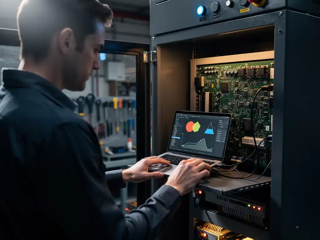 Software-engineer sluit laptop via kabel aan op ingebouwde printplaat in open industrieel machinepaneel, diagnostische data zichtbaar op scherm.