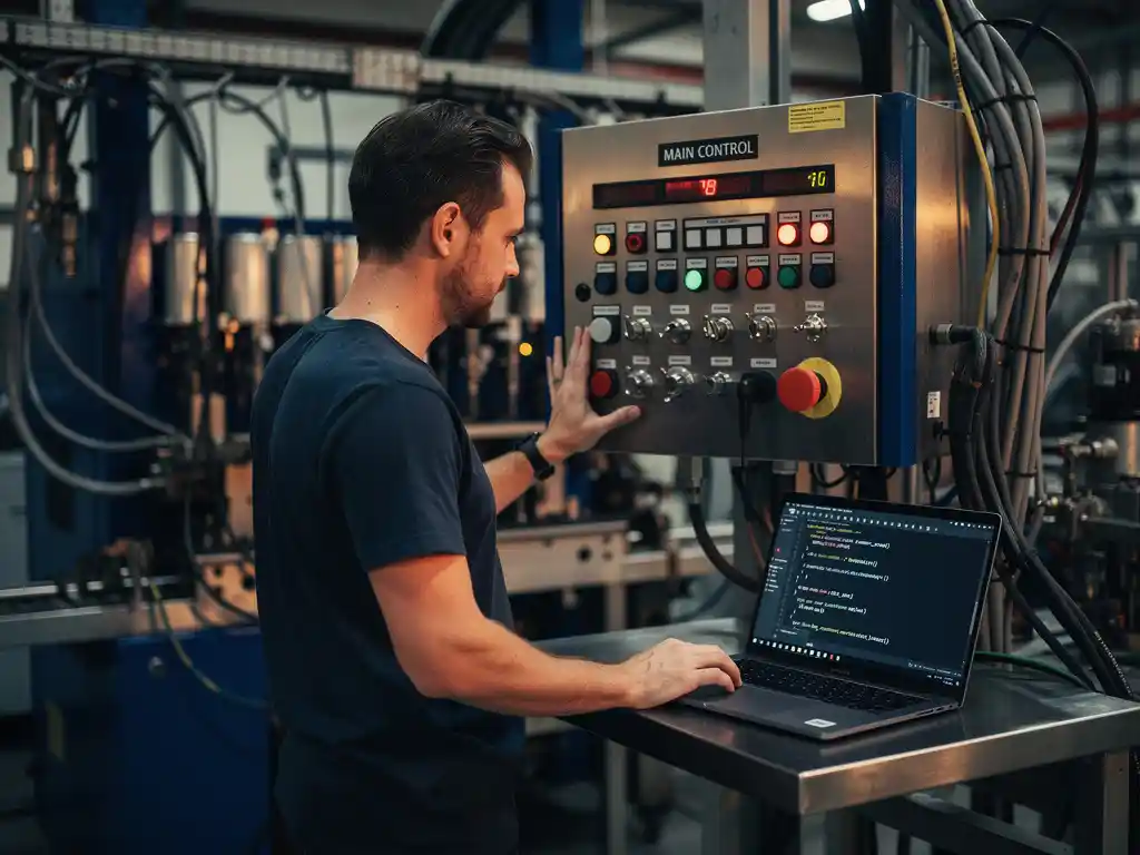 Software-engineer bestudeert industrieel bedieningspaneel met laptop met real-time code op moderne productiefloer.