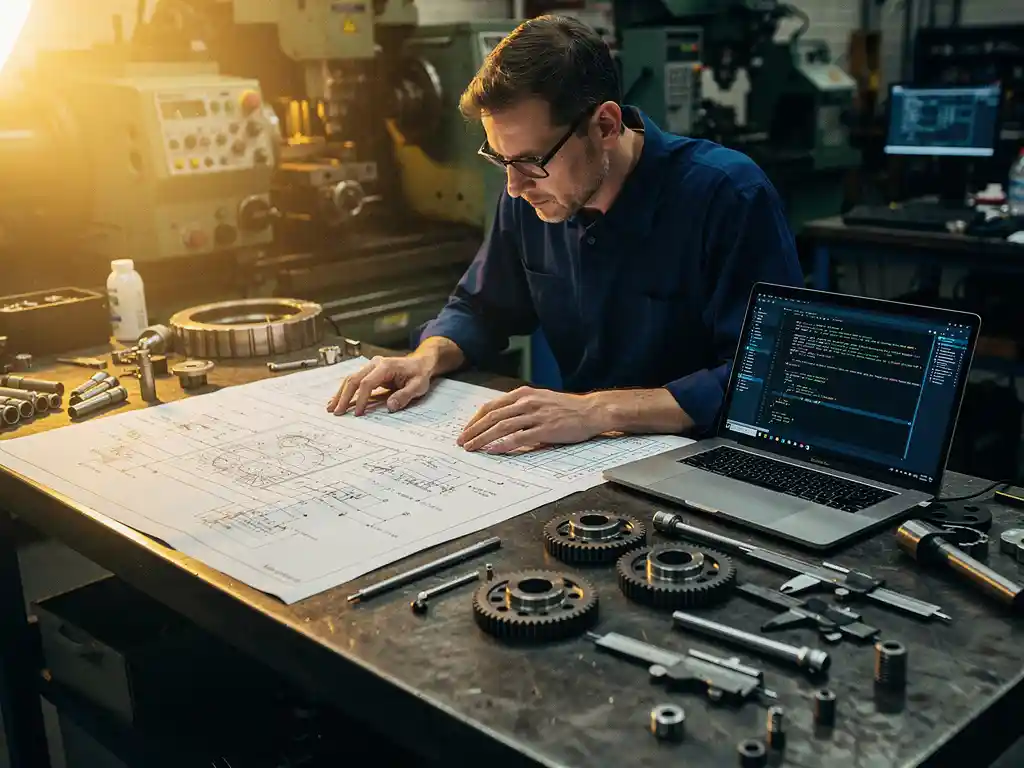 Software engineer bestudeert machinebesturingsdiagrammen op stalen werkbank met laptop, precisieonderdelen en schuifmaat in industriële werkplaats.