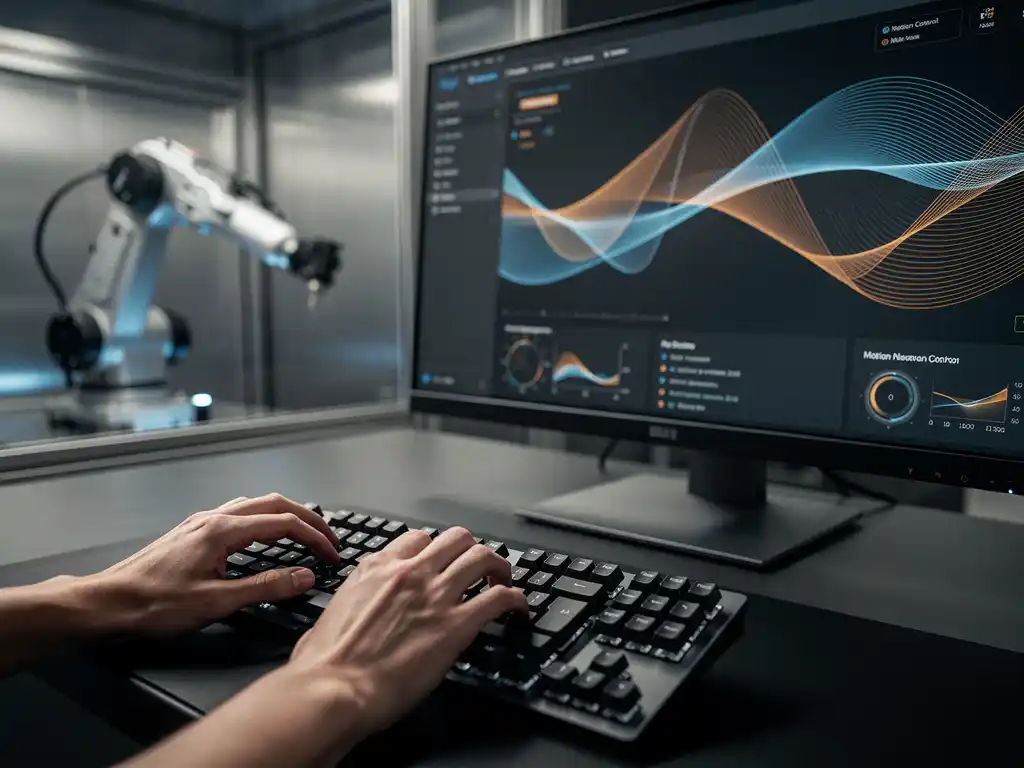 Softwareontwikkelaar typt op mechanisch toetsenbord, monitor toont 3D-bewegingscurven van robotbesturing in hightech lab.
