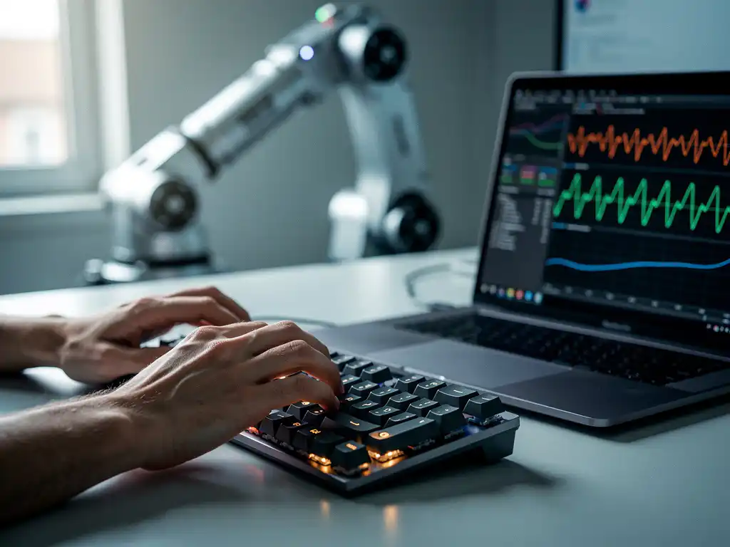 Handen van een software-engineer op mechanisch toetsenbord naast laptop met golfvormgrafieken, industriële robotarm op achtergrond.