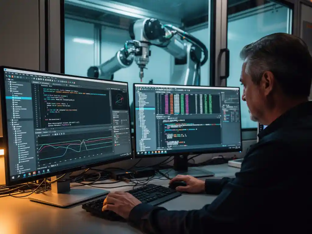 Ingenieur werkt geconcentreerd aan dual-monitor werkstation met motion control code; robotarm zichtbaar achter glazen wand in industriële omgeving.