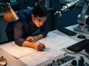 Software-engineer bestudeert technische schema's en printplaatdiagrammen aan een werkstation, robotarm zichtbaar op de achtergrond.